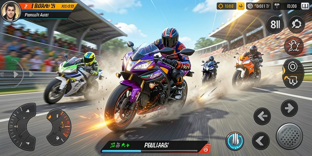Gameplay 8II yang mendebarkan dengan balapan motor action.