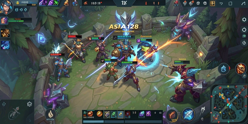 Tampilan gameplay ASIA128 dengan aksi MOBA yang mendebarkan.