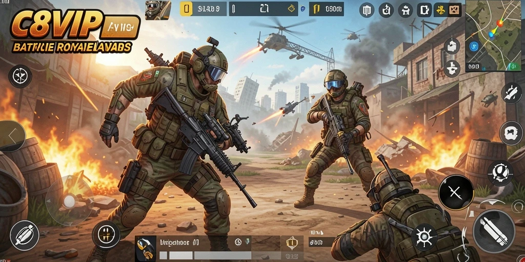 Screenshot gameplay C8VIP yang menunjukkan aksi Battle Royale yang intens.