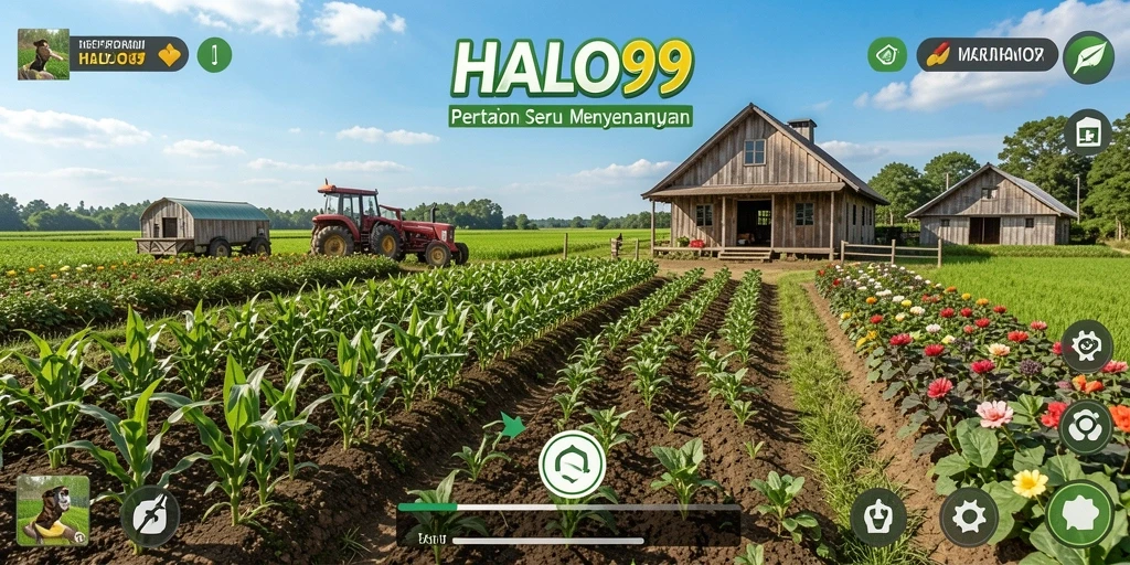 Tampilan gameplay <strong>HALO99</strong> saat mengelola ladang pertanian.