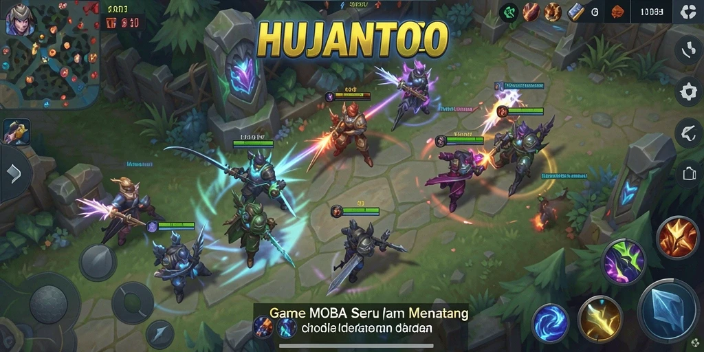 Screenshot dari gameplay MOBA yang intens di HUJANTOTO.