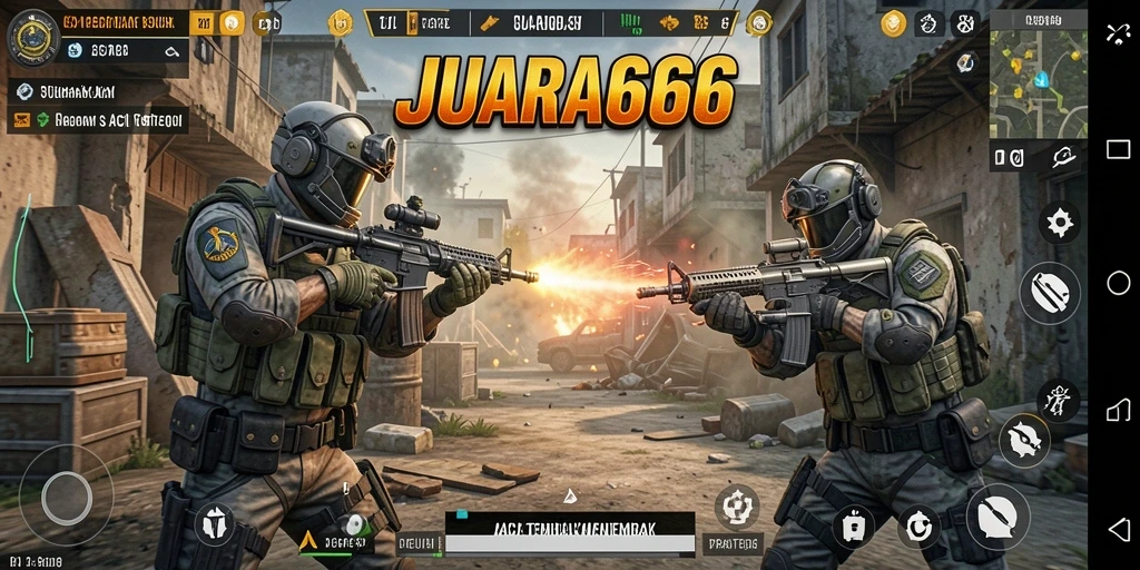 Tangkapan layar yang menunjukkan aksi tembak menembak di JUARA666.