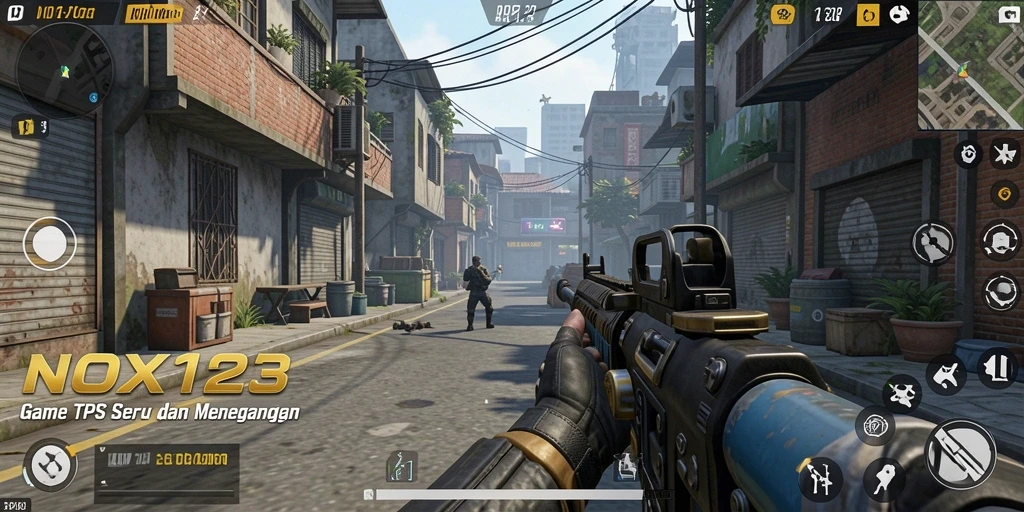 Pengambilan gambar gameplay NOX123 menunjukkan aksi seru dalam pertempuran TPS.