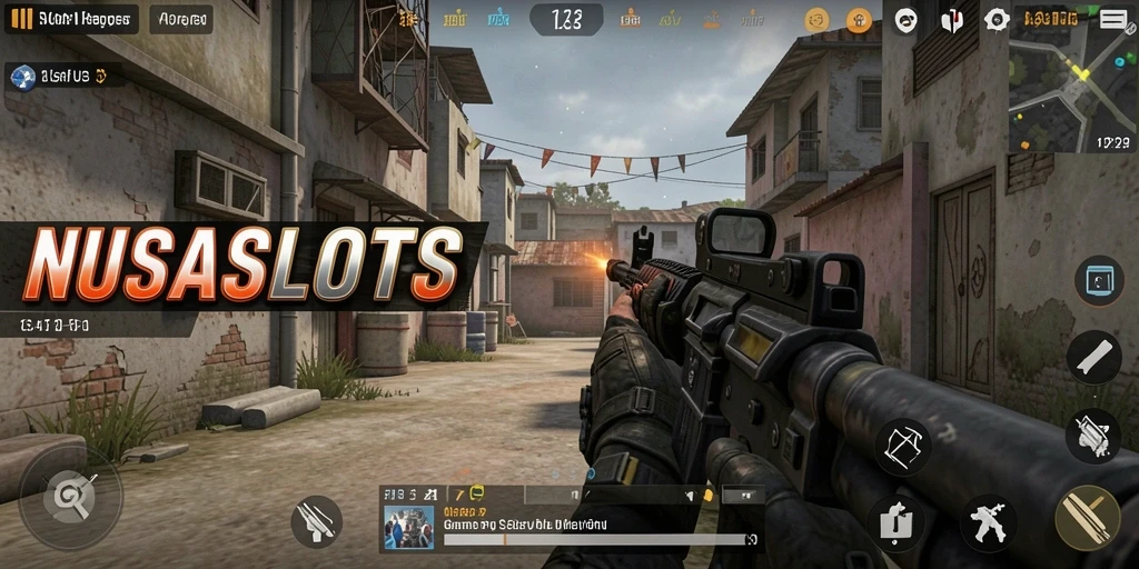 Screenshot utama NUSASLOTS menampilkan aksi mendebarkan dalam gameplay FPS.