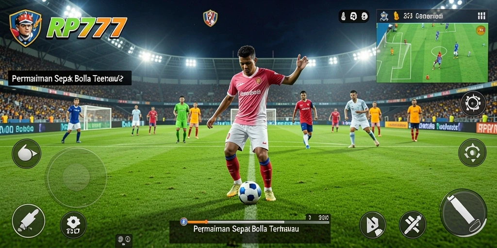 Screenshot gameplay RP777 menampilkan momen seru di lapangan sepak bola.