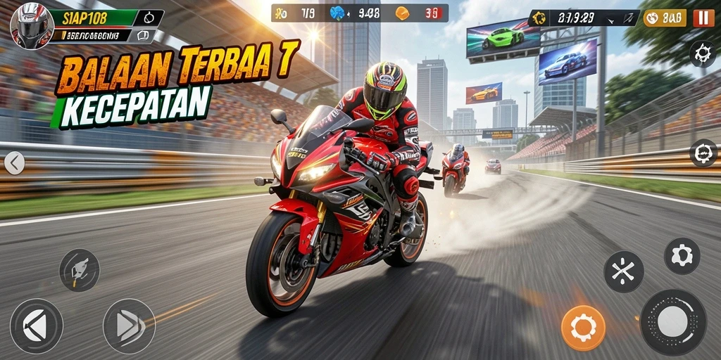 Tampilan gameplay balapan motor yang seru dan mendebarkan.